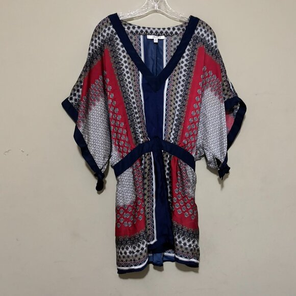AnM Navy Blue Red Burgundy White Silky Geometric Boho Kimono Top – Size Small - Picture 1 of 5